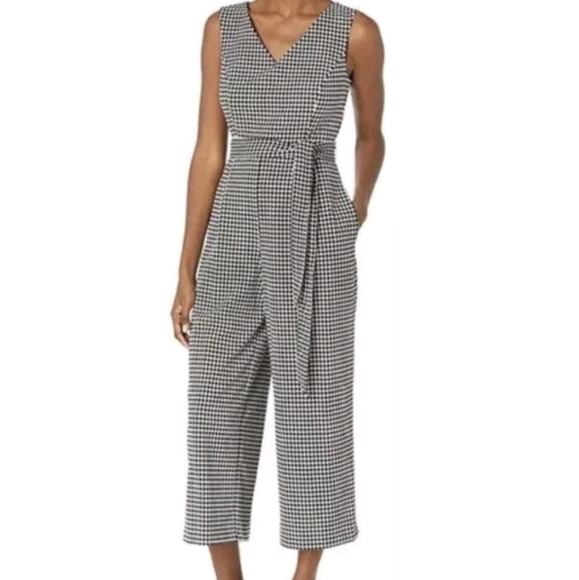 Calvin Klein Black White Romper Gingham Jumpsuit One Piece Crop Wide Leg 6 - Picture 1 of 10